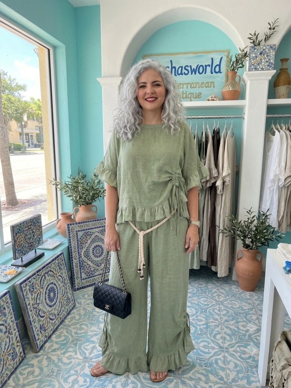 Rashasworld 100% linen green silk ruffle Wide Leg Pants & Top Set O/S